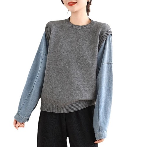 Lazy Gray Knitwear Design Pseudo-Single-Breasted Top for Women, Spring and Autumn, Denim-Sleeve Splicing Cardigan