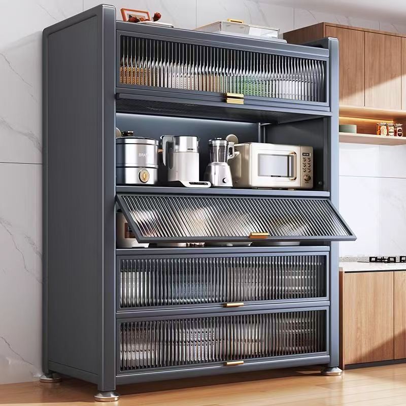 Household Dust-Proof Kitchen Storage Rack Multi-Layer Removable Pulley Flip Door Cabinet with Wheels Luxury Storage Cabinet Balcony Cabinet