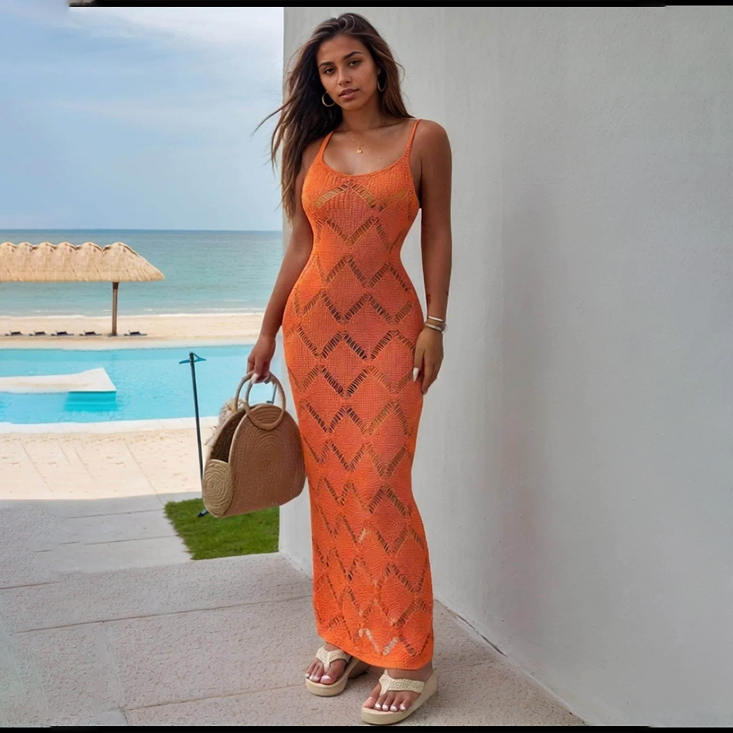 국경 간 유럽과 미국의 새로운 의류 22 봄 여름 해변 롱 스커트 니트 홀터넥 레이스 업 시스루 섹시 드레스 니트