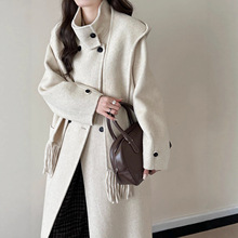 纯手工双面呢羊毛大衣女秋冬新款时尚气质立领羊毛呢外套配围巾帽