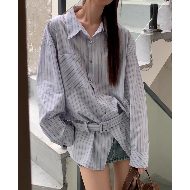 蓝色衬衫女秋季外套法式上衣高级独特别致长袖宽松条纹衬衣2025秋|undefined