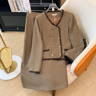 300kg plus size women's chubby girl winter thick cotton coat high waist skirt small fragrance suit 2024 new