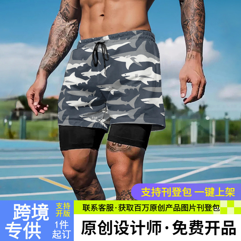 American-Style Shorts, Fake Two-Piece Sports Pants, Double-Layer Cycling, Running, Training, Basketball Pants for Men, Creative Shark Print