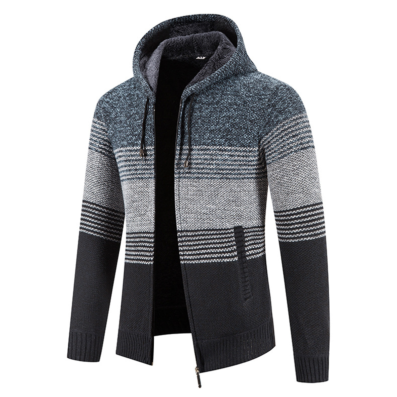 2024 Höst/Vinter Ny Kofta Trendig Färgblockerad Stickad Tröja Med Huva Stor Avslappnad Herrkappa_voghion.com