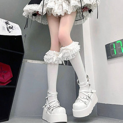 White lace bow thin lace pile mid-calf women's socks Lolita multi-layer lace girl jk calf socks