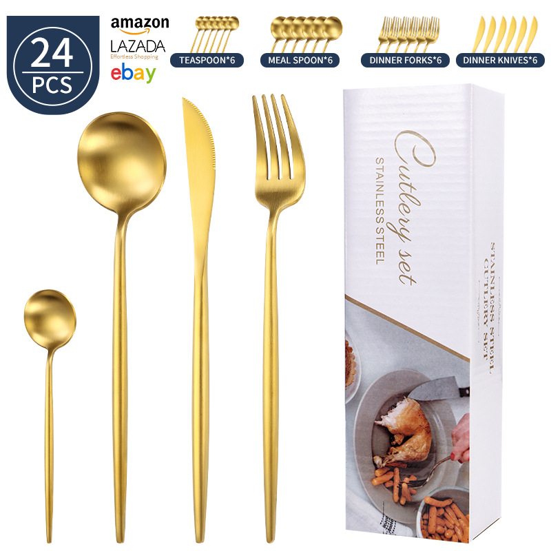Transfronterizo Amazon mango redondo portugués cuchillo y tenedor cuchara set de platos de acero inoxidable mate cuchillo y tenedor de filete set 24 piezas