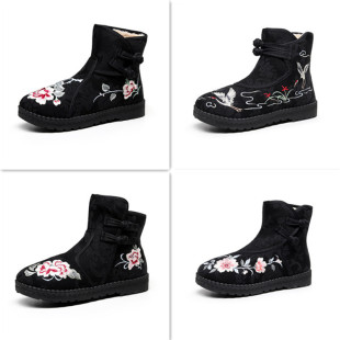 (208 Large Cotton Series) Ethnic Style Embroidered Shoes Soft Sole Long Hair Women's Boots Ancient Style Han Dynasty Boots Square Dance Boots
