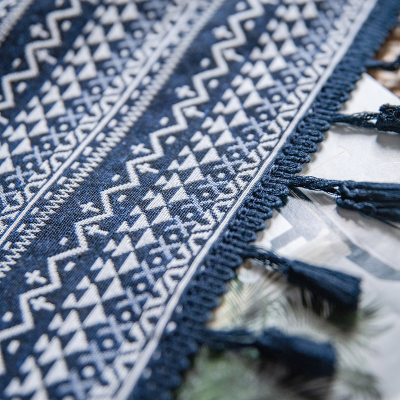 Bohemian Yarn-dyed Jacquard Blue Geometric Tassel Semi-shading Curtain Wholesale display picture 6