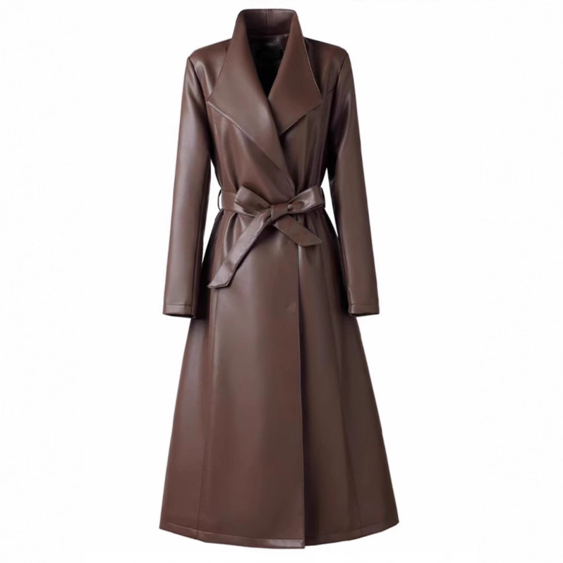 1913 Model 2025 New Leather Jacket for Women, Socialite Style Leather Trench Coat, Spring and Autumn New Leather Coat, Extra-Long Over-The-Knee