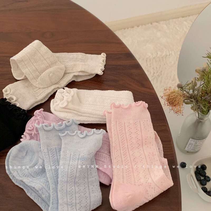 Pure Milk Boo Sweet Girl Wearing High Elastic Ear Heart Hollow Socks Women's Pure Color jk Japanese Style