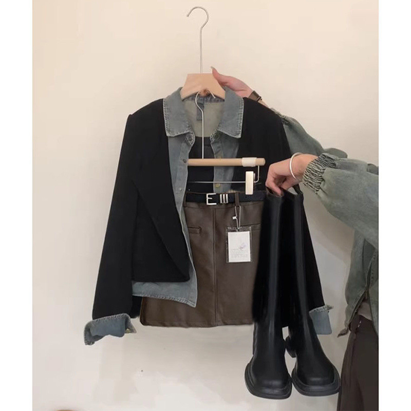 봄 향기로운 스타일 2024 새로운 한국 패션 데님 스티칭 코트 슬림 하프 길이 스커트 투피스 세트 세트