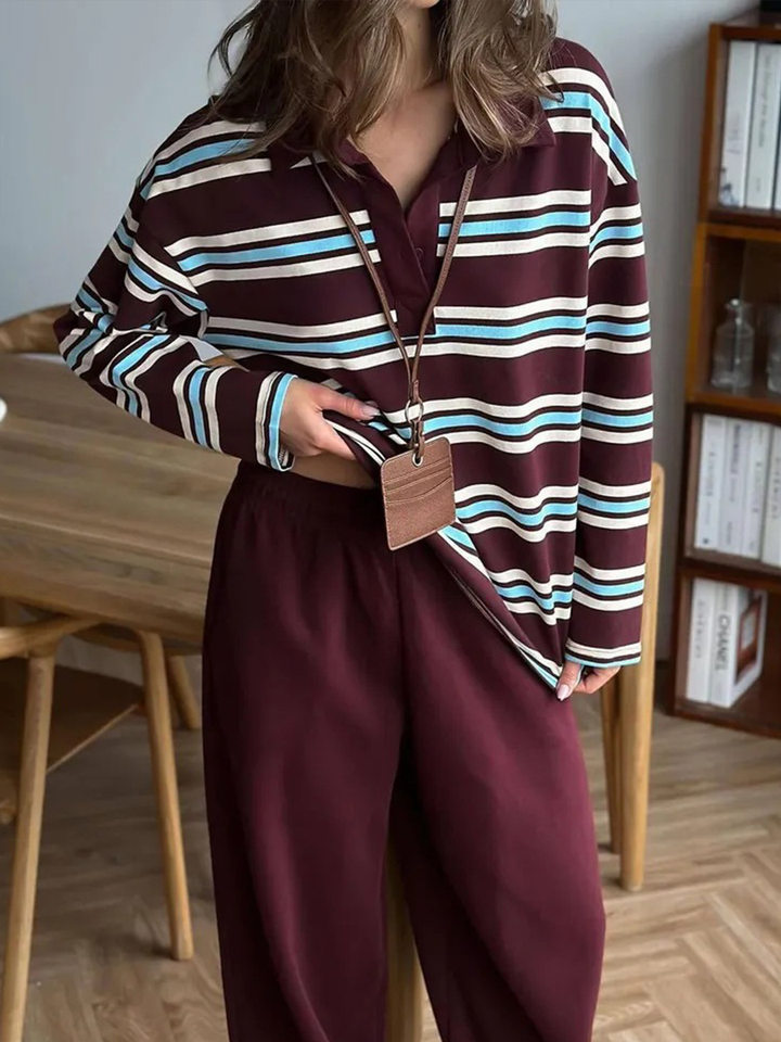 Áo thun nữ sọc dài tay cổ polo dáng rộng phong cách retro — hồng, màu nâu, nâu sẫm, quần kaki chi tiết 66