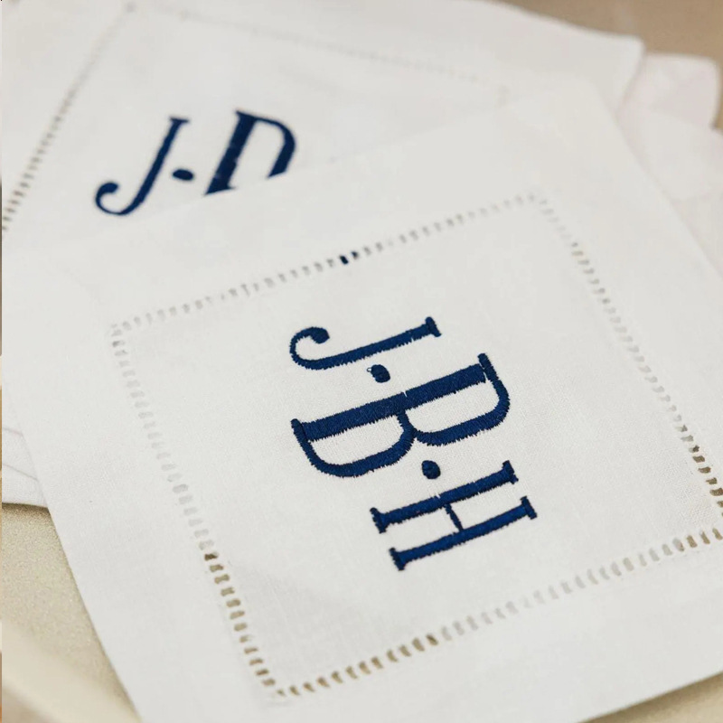 etsy Amazon ホットセールパーソナライズされた刺繍単一文字カクテルナプキンレストランレストランホワイトリネンナプキン|undefined