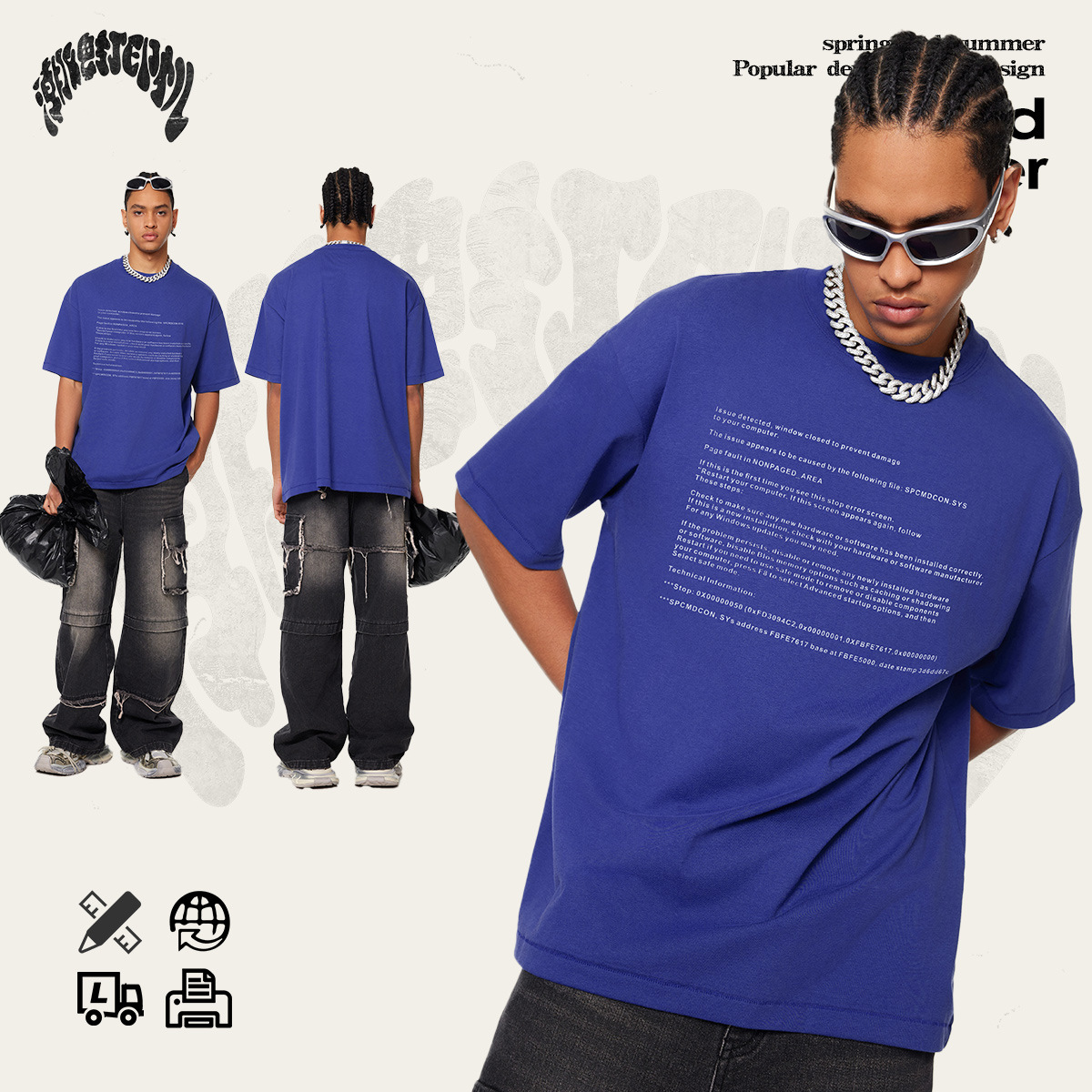 2025 verano marcas de moda estadounidenses adolescentes sueltas moda divertida impresión de pantalla azul camiseta de manga corta para hombres