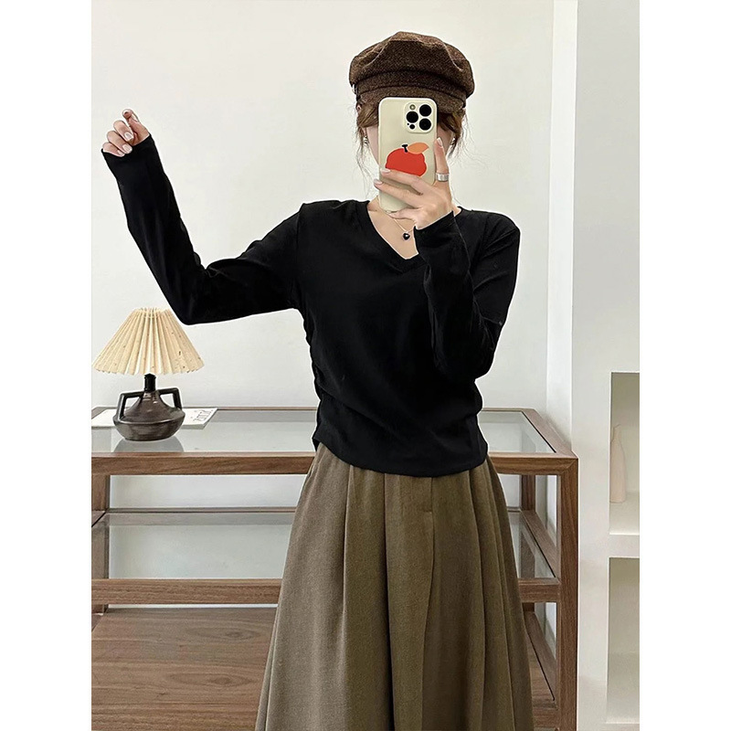 高品质韩版简约气质百搭修身弹力T恤女秋冬新款V领显瘦长袖打底衫|undefined