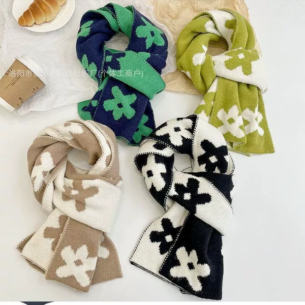 Autumn and Winter New Style Small Floral Pattern Imitation Cashmere Scarf for Women, Winter Korean Style Knitted Scarf, Japanese Style Warm Thickened Neck Scarf