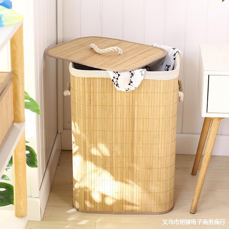 Nuevo tipo de cubo de almacenamiento plegable simple con cubierta gran cesta de almacenamiento bambú tejido japonés caja de almacenamiento plegable para ropa sucia