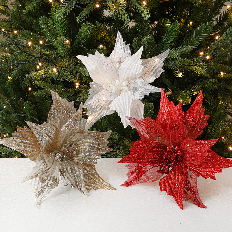 Navidad flor decoraciones oro rojo lentejuelas brillo hecho a mano Phoenix cola simulación Navidad flor Navidad árbol Accesorios