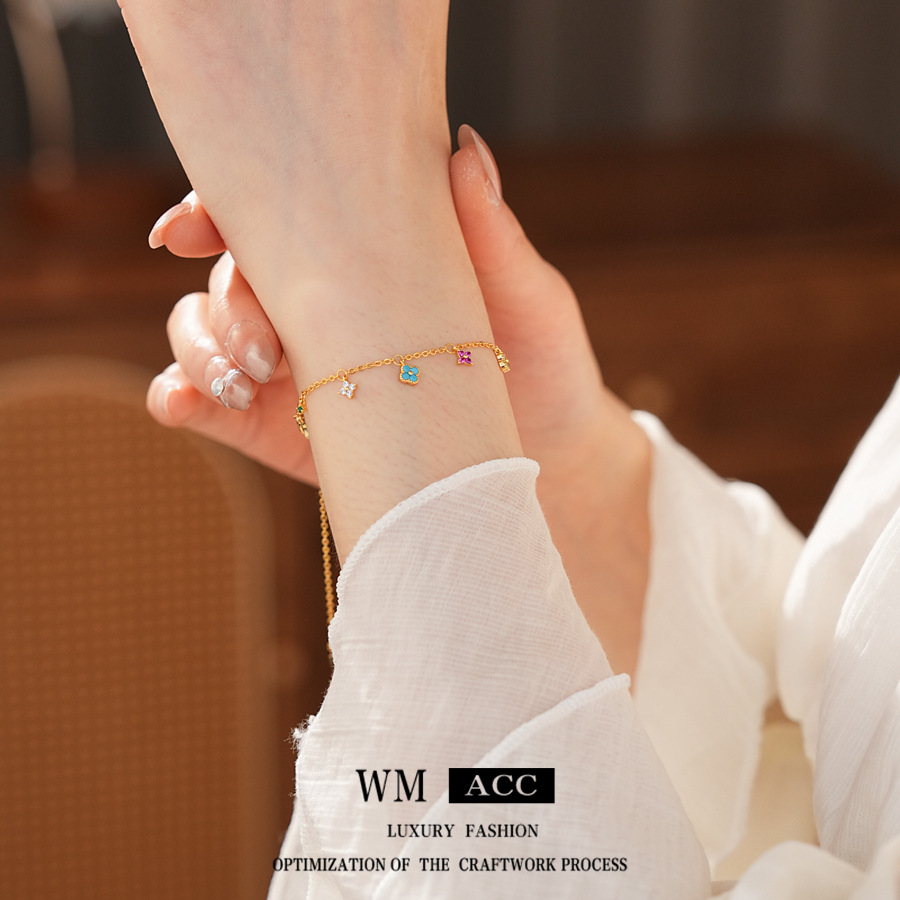 Pulsera de borla de flor de trébol de circonita Pulsera dulce de lujo ligero, de alta gama, joyería de moda de nicho al por mayor image 3
