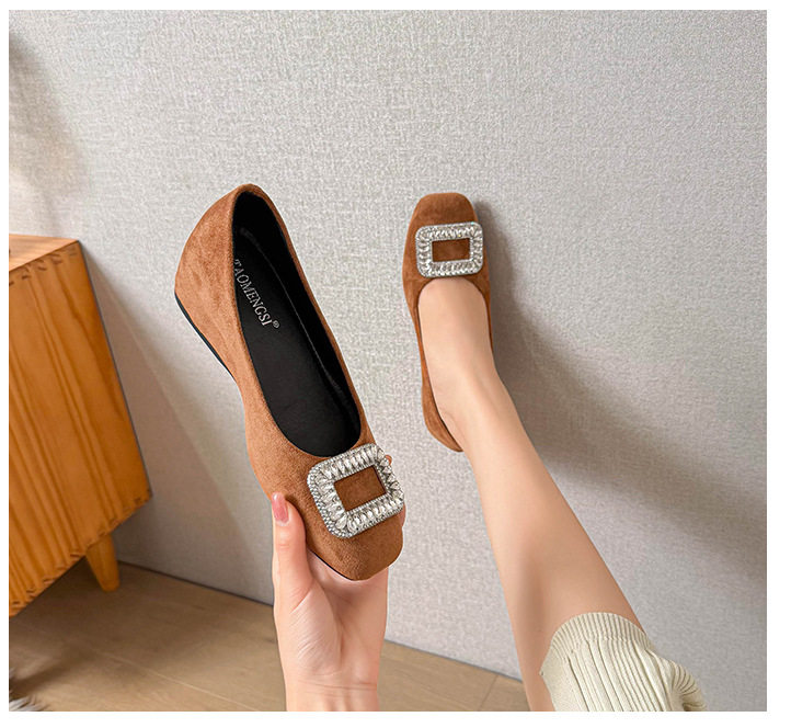 Giày búp bê nữ mũi vuông đính đá, da lộn, đế mềm độn trong, gót xuồng thấp — Màu kaki, Màu nâu, màu đen chi tiết 30