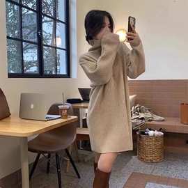 复古麻花高领简约纯色套头连衣裙宽松显瘦通勤全羊毛女士针织长裙