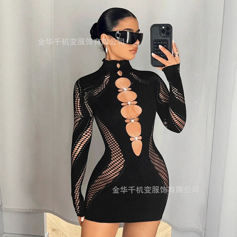 European and American Cross-Border Spring and Autumn New Women's Long-Sleeve Half-High Collar Hollow-Out Rhinestone Sexy Nylon High-Elastic Knit Dress European and American Cross-Border Spring and Autumn New Women's Long-Sleeve Half-High Collar Hollow-Out Rhinestone Sexy Nylon High-Elastic Knit Dress