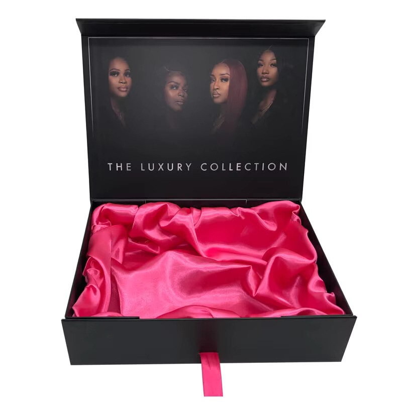 Custom Luxury Hair Bundle Box with Ribbon and Silk Satin Lining, Wig Packaging, Magnetic Foldable Gift Box