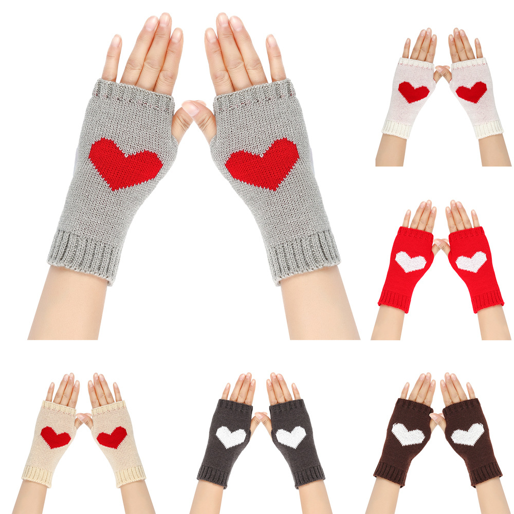 Κοντά μισά δάχτυλα για φοιτητικό γραφείο, μανίκια ροδακινί, πλεκτά γάντια αγάπης με ζεστή καρδιά_voghion.com