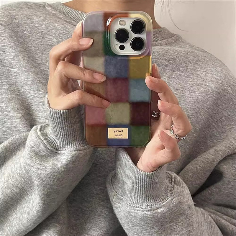 秋冬复古彩色小方格苹果16promax手机壳适用iPhone15pro双层14po|undefined