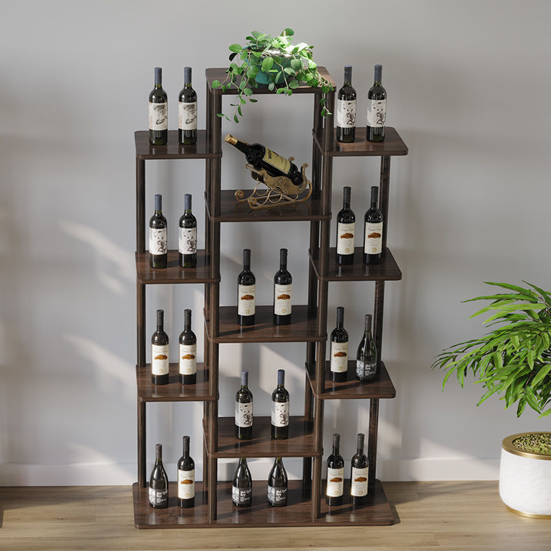 Modern Simple Internet Celebrity Wine Cabinet Chinese Style Solid Wood Home Wall Storage Rack Living Room Multi-Layer Floor-Standing Wine Cabinet Display Cabinet