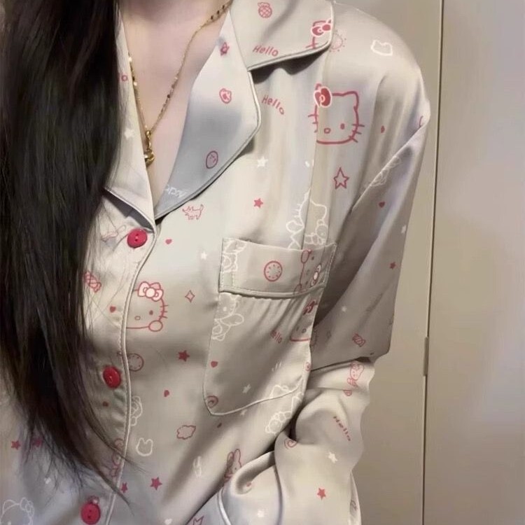 Spring and Autumn New Style Imitation Silk Pajamas for Women, Ice Silk Long-Sleeved Long Pants Cartoon Design, Can Be Worn Outside, Home Wear Two-Piece Set