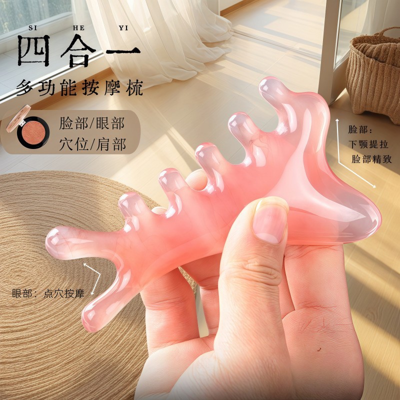 4-in-1 Scalp Meridian Massage Comb Natural Resin Wide Teeth Gua Sha Head Therapy Tool Portable 47g overview