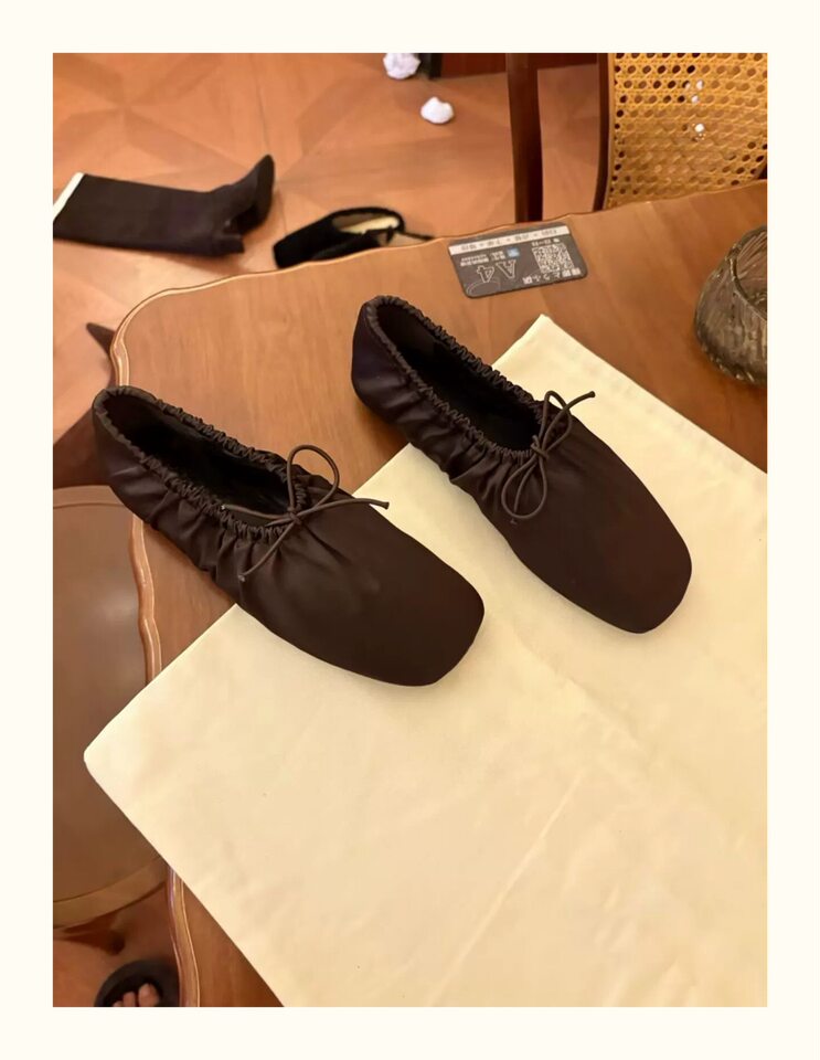 Giày lười nữ mũi vuông satin thắt nơ đế bằng gót thấp — Màu nâu chi tiết 5