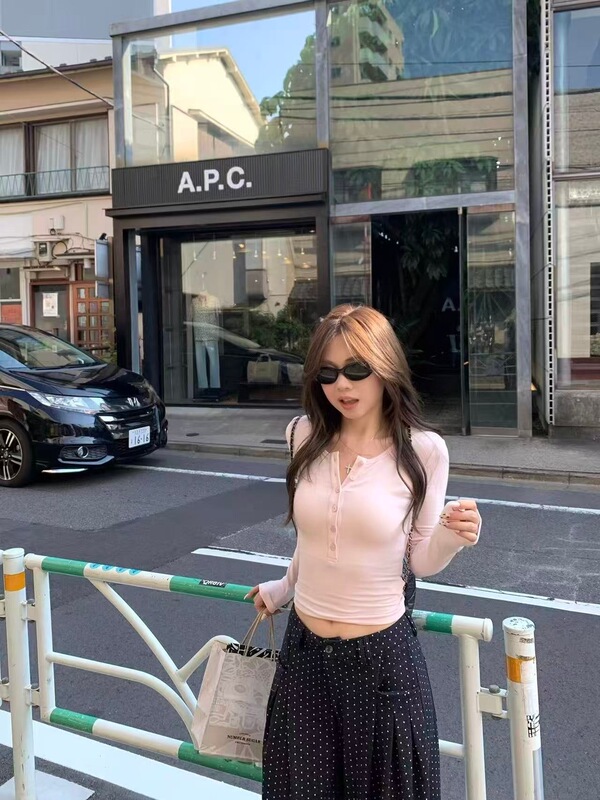 亨利领T恤女秋小个子粉色内搭修身长袖针织打底衫|undefined