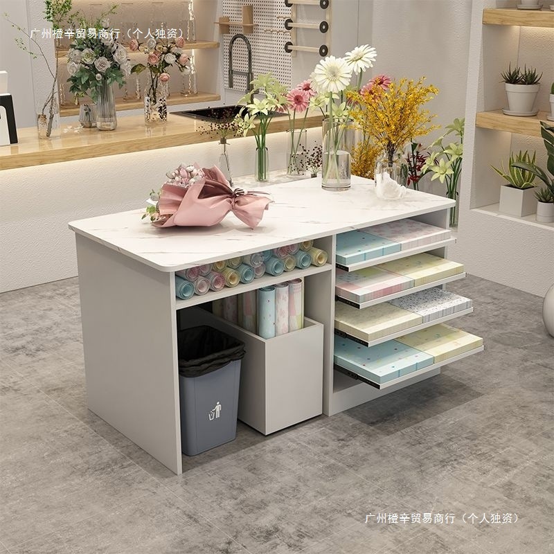多功能收银台花店桌子花店包装纸收纳一体收纳柜可抽拉接待柜