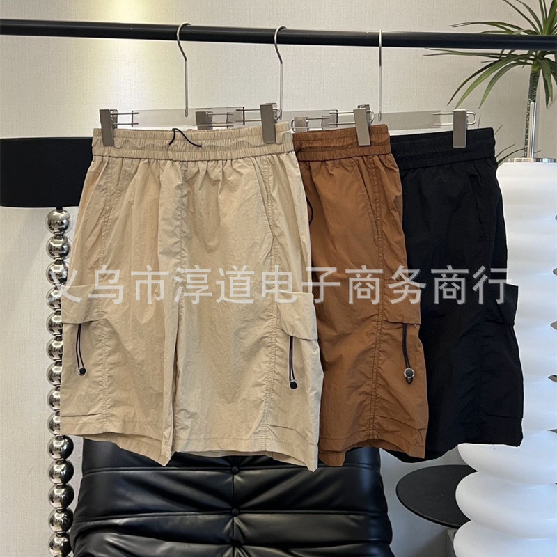 North Face Couple Drawstring Cargo Shorts Ice Silk Knee-Length Shorts with Large Pockets Loose Solid Color Simple Unisex Casual Mid-Length Shorts