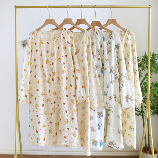 Spring and Summer thin pure cotton crepe nursing nightdress long sleeve maternity pajamas confinement clothes postpartum nursing into the maternity room maternity
