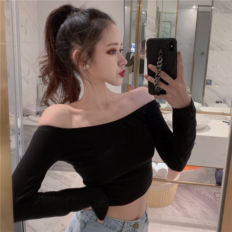 Sexy Off-Shoulder Long-Sleeve T-Shirt for Women, Autumn Slim-Fit Base Shirt, Hot Girl Off-Shoulder Short Top Sexy Off-Shoulder Long-Sleeve T-Shirt for Women, Autumn Slim-Fit Base Shirt, Hot Girl Off-Shoulder Short Top
