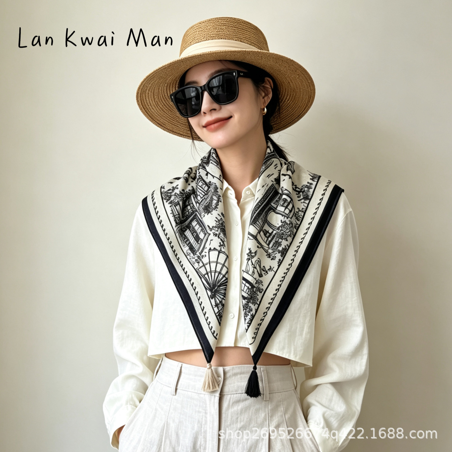 Elegant black and white printed scarf with tassels, a new autumn 2026 collection, high-quality and warm, suitable as a shawl or square scarf