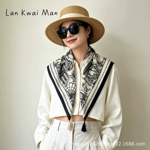 Elegant black and white printed scarf with tassels, a new autumn 2026 collection, high-quality and warm, suitable as a shawl or square scarf