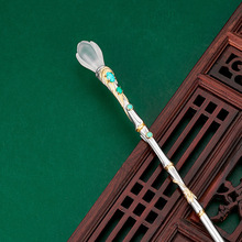 s925银实心竹节发簪镶嵌白水晶花朵簪子日常盘发银簪古风发饰女