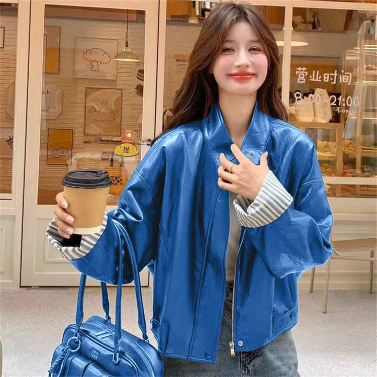 Korean-Style Design Leather Jacket with Patchwork Cuffs for Women, 2026 Spring and Autumn New Korean Version, Slim-Fit Versatile Jacket Top