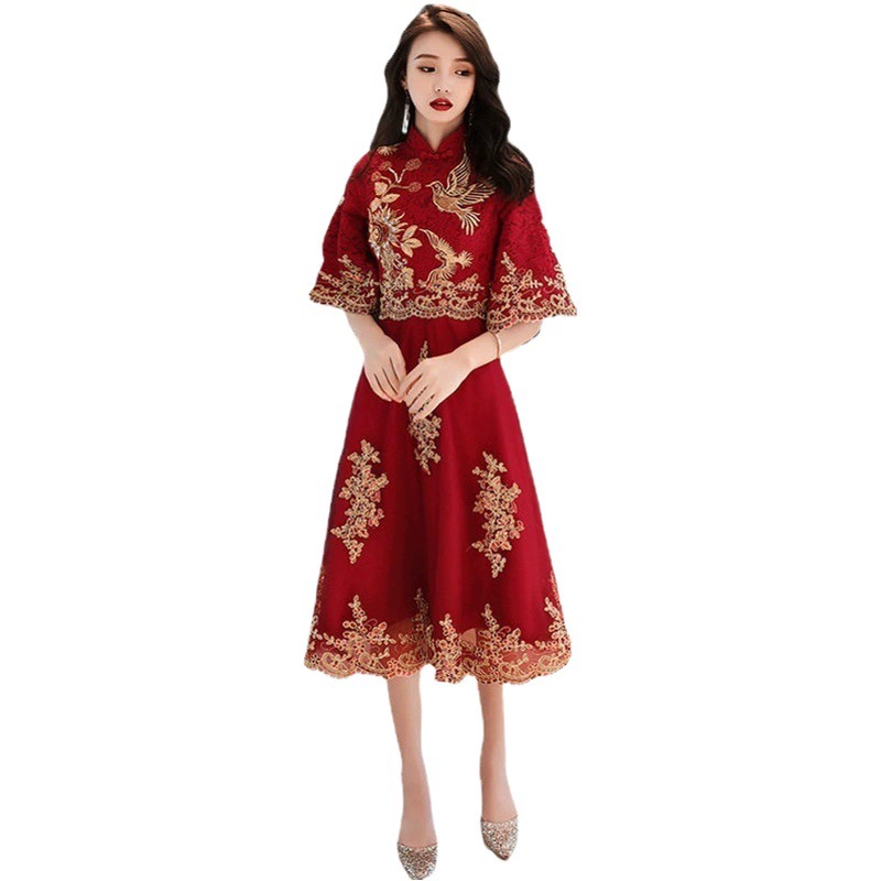 Свадебное платье для невесты 2025: новая модель, красное вечернее платье для свадебного торжества, стройнящее, в улучшенном китайском стиле, элегантное.