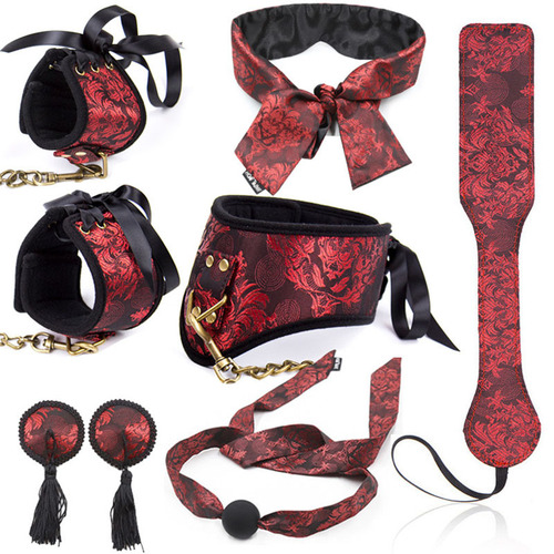 Sexy handcuffs, retro palace fabric, Chinese style cloth, shackles, mouth gag, ball gag, SM eye mask, traction collar set