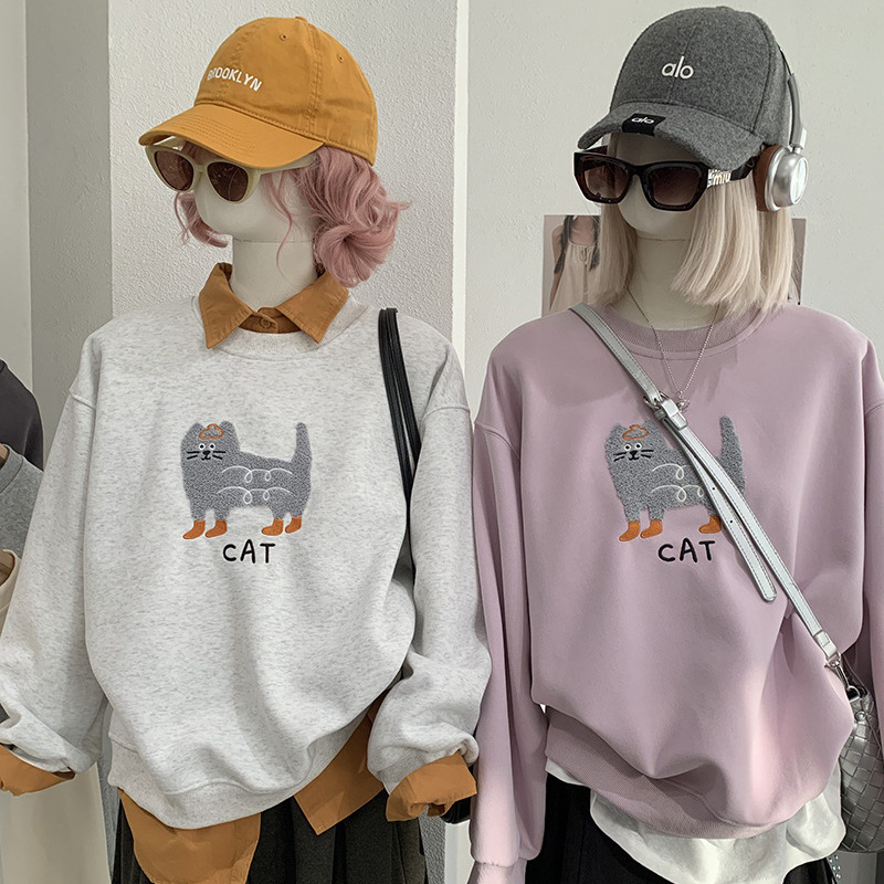 KEKEZOON towel embroidered cartoon cat round neck loose long-sleeve pullover sweatshirt autumn Korean style top 9065 KEKEZOON towel embroidered cartoon cat round neck loose long-sleeve pullover sweatshirt autumn Korean style top 9065