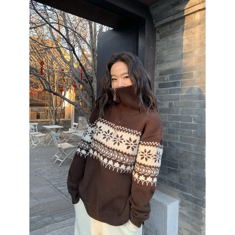 Fair Isle Vintage Half-Zip Turtleneck Sweater for Women 2026 Autumn/Winter Jacquard Loose Casual Pullover Knit Top