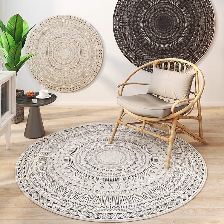 Alfombra de sala de estar redonda de estilo nórdico marroquí, sofá de terciopelo de cristal, mesa de centro, mecedora, cojín para cama de dormitorio