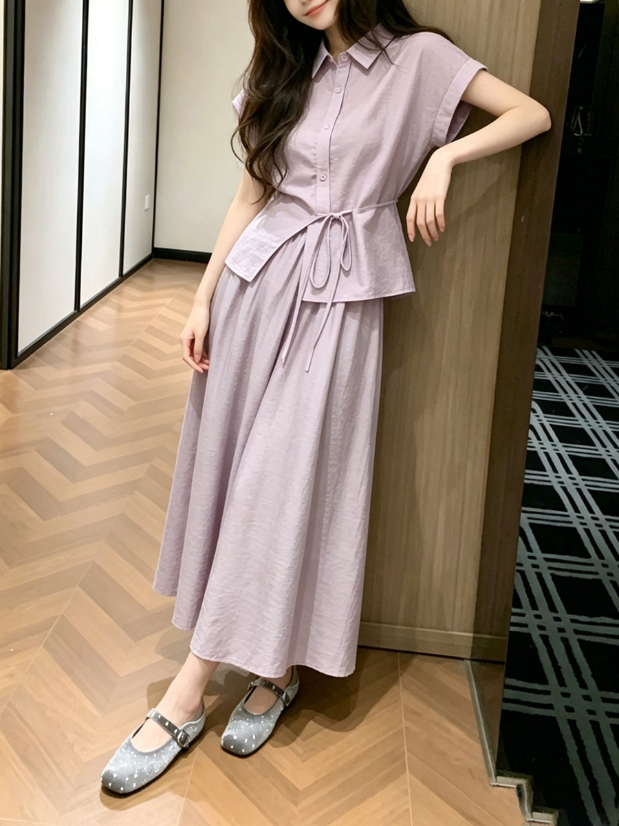 Set áo sơ mi thắt lưng và chân váy nữ mùa hè màu tím — Áo tím+nửa váy