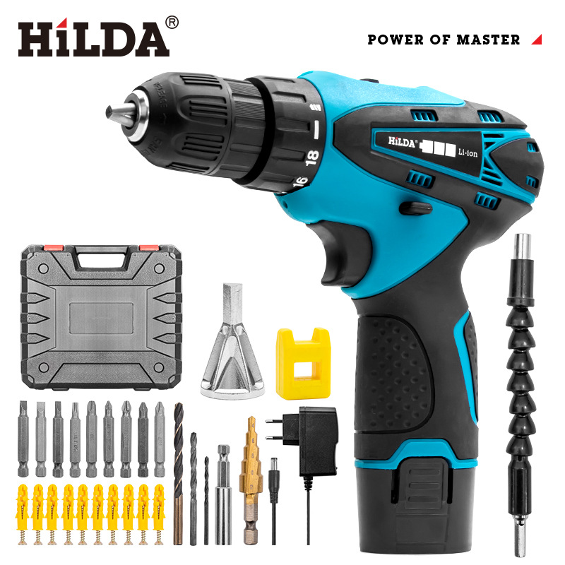 Hilda 12V destornillador inalámbrico taladro eléctrico doble velocidad batería de litio recargable luz LED 2 piezas impermeable mano Taladro