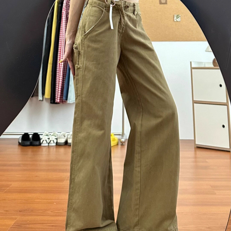 卡其色美式绿色低腰牛仔裤女2025年秋季新款宽松工装直筒阔腿裤子|undefined